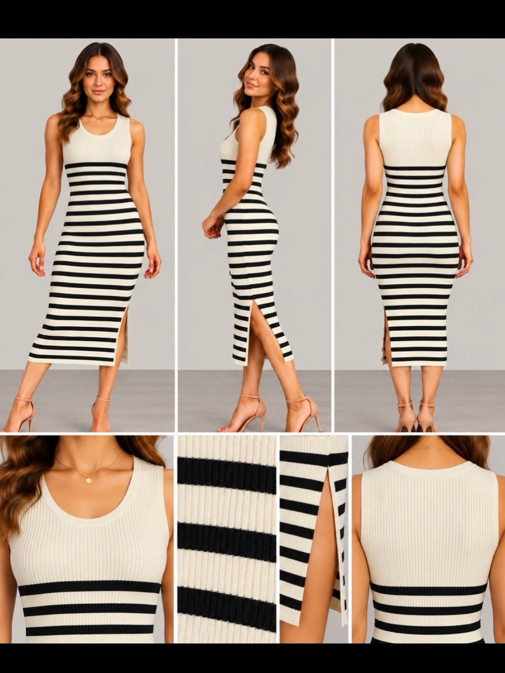 Sleeveless Ribbed Midi Dress in Cream and Black Stripes woman knitted Size M